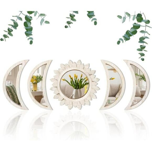 Moon Phase Mirror Wall Decor Set Boho Wood Acrylic Sunburst Bedroom Art 5PC - Picture 1 of 7
